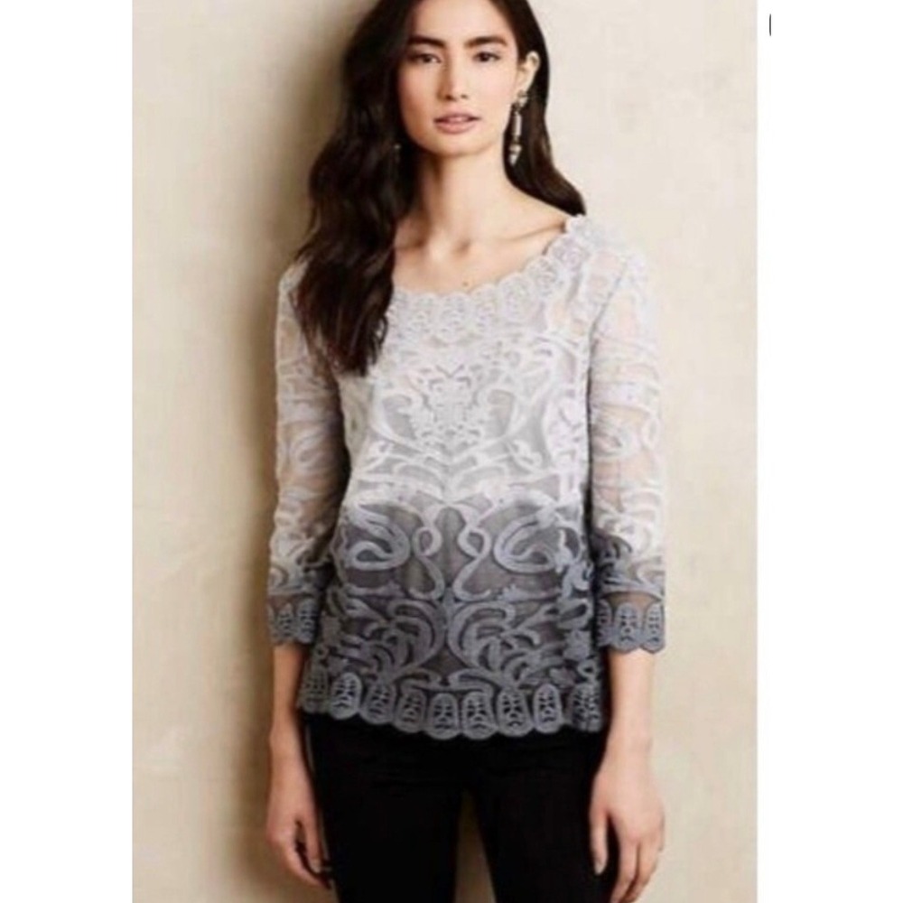 Meadow Rue Womens Caela Lace Blouse Grey Ombre 3/4 Sleeve Top Large